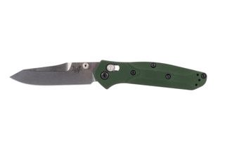 Benchmade Mini-Osborne folding knife with reverse tanto point and green handle.